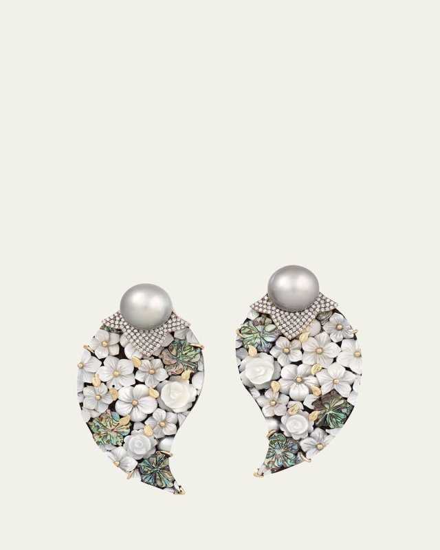 18K Yellow Gold Shibayama Mother Of Pearl Earrings with Kashmir Teardrop Shape, Diamonds and Grey Pearls